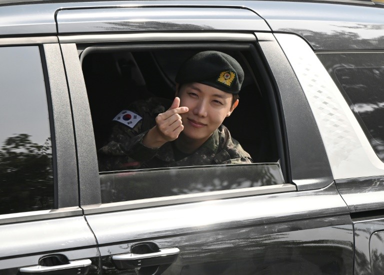 J-hope, the main dancer of the group, emerged from the gates of his army base in South Korea's central Wonju city