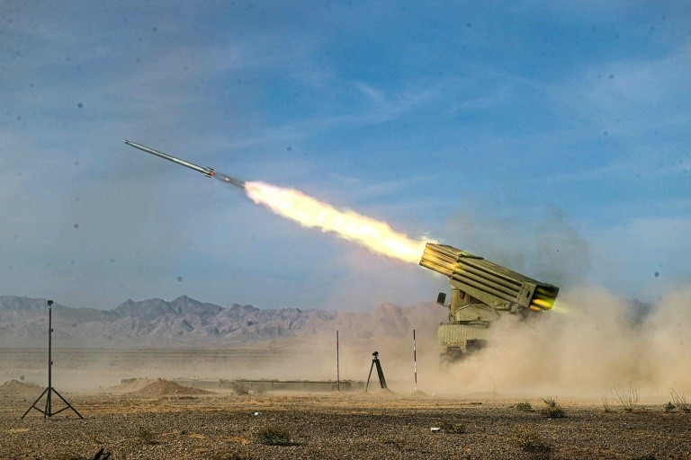 A handout picture provided by the Iranian Army media office on October 27, 2023 shows missiles being fired during a military drill in the Isfahan province in central Iran
