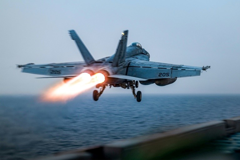 A March 16 file picture of a US F/A-18 Super Hornet launching from the aircraft carrier USS Harry S. Truman
