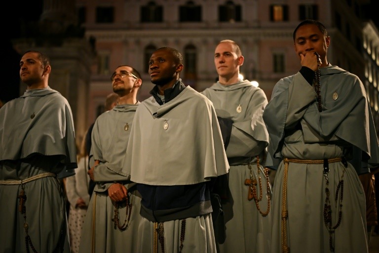 Members of the clergy attended a rosary prayer outside Santa Maria Maggiore Basilica, the final resting place of Pope Francis