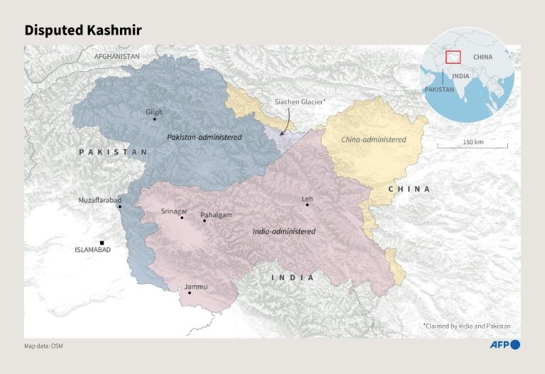Map showing disputed parts of the Kashmir region.