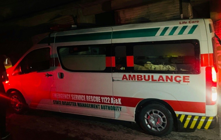 An ambulance arrives near the site of the Indian strike in Muzaffarabad, in Pakistani Kashmir