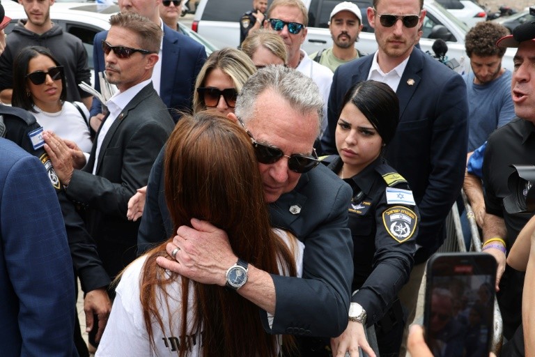 US Special Envoy to the Middle East Steve Witkoff greets relatives of hostages in Tel Aviv