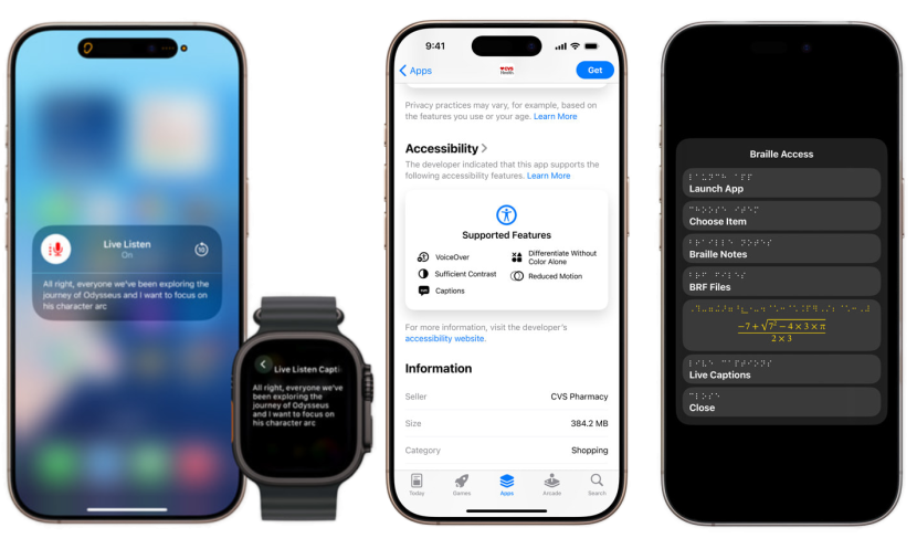 three iphone screens with accessibility options