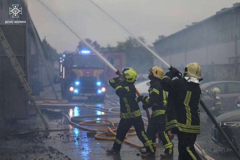 Firefighters in Lutsk in western Ukraine battled blazes after Moscow's largest drone and missile attack on the country
