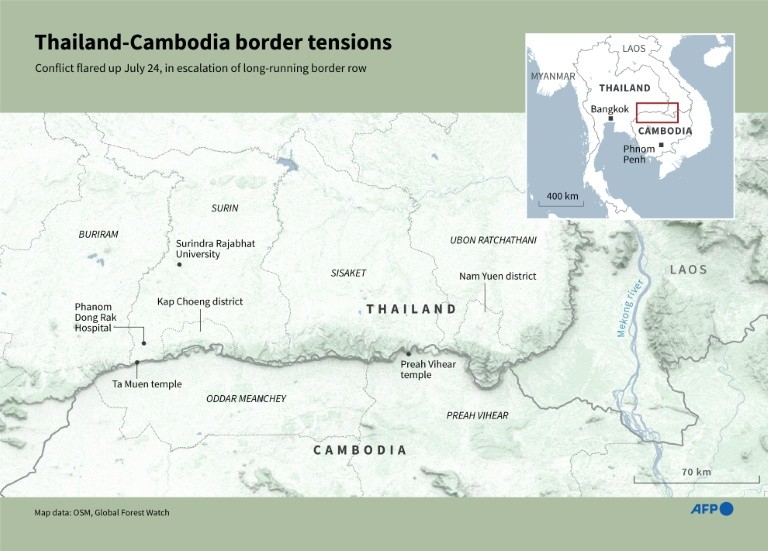 Map showing the area on the Thailand-Cambodia border where violence flared on July 24
