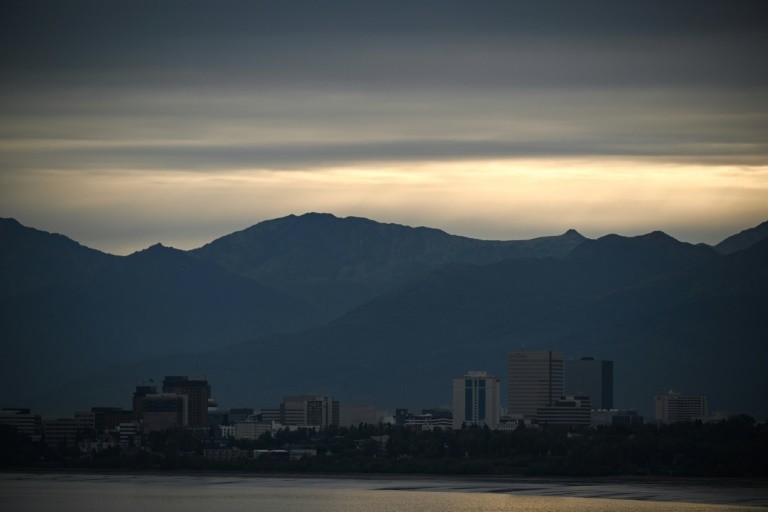 A view of downtown Anchorage, Alaska at sunrise -- the site of the US-Russia summit, a US military base, is in the outskirts of the city