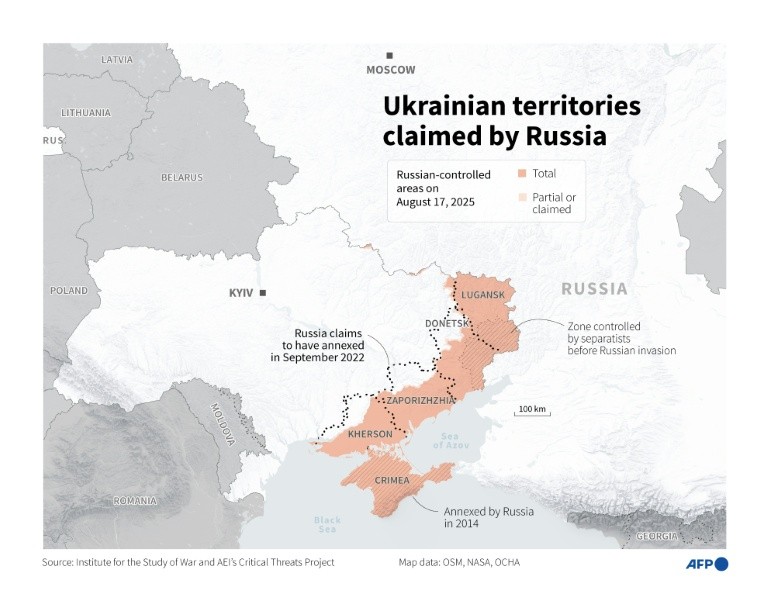 Infographic with a map of Ukraine locating territories claimed by Russia (Donetsk, Lugansk, Zaporizhzhia, Kherson and Crimea, which was annexed in 2014), as well as Russian territorial advances, according to data from the Institute for the Study of War (I