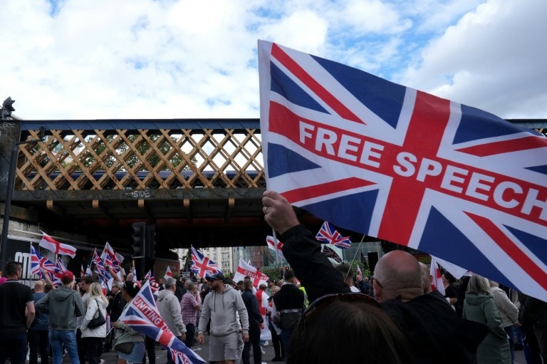 Supporters of British far-right activist Tommy Robinson at his 'free speech' march Saturday