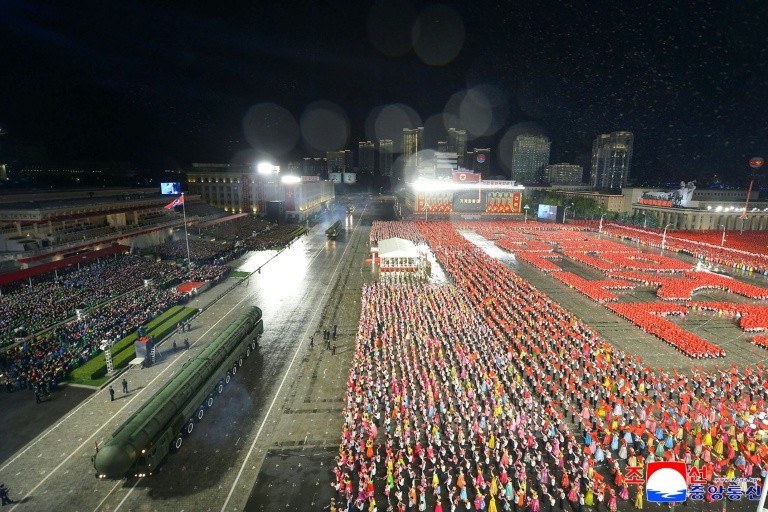 This picture taken on October 10, 2025 and released from North Korea's official Korean Central News Agency (KCNA) on October 11, 2025 shows a new intercontinental ballistic missile (ICBM) during the military parade to celebrate the 80th founding anniversa