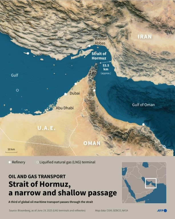 Infographic with map of the Strait of Hormuz showing the width, the water depth, the refineries and the liquified natural gas terminals in the area