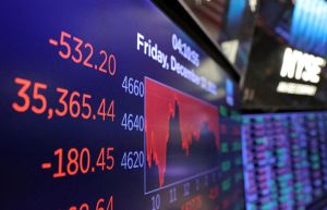 The Dow Jones Industrial Average is displayed on a screen after the markets closed at the New York Stock Exchange (NYSE) in Manhattan, New York City
