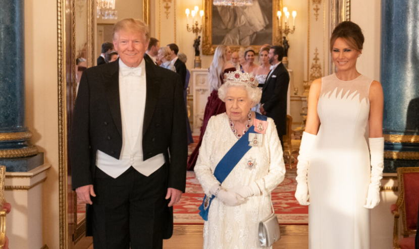 Queen Elizabeth II with Melania Trump and Donald Trump.