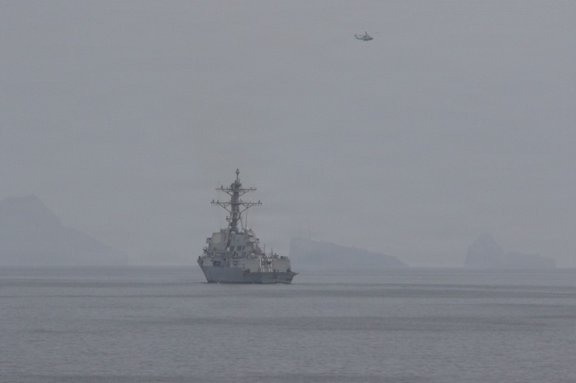U.S. Navy destroyers operate in the Strait of Hormuz