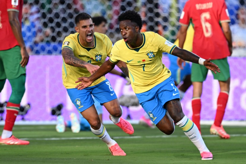 Vinícius Júnior celebrates his goal against Morocco