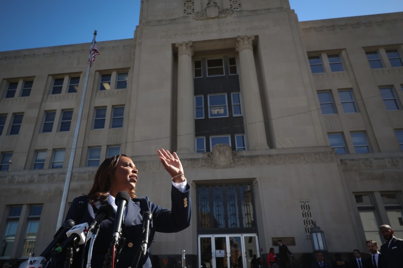 New York Attorney General Letitia James speaks outside the Walter